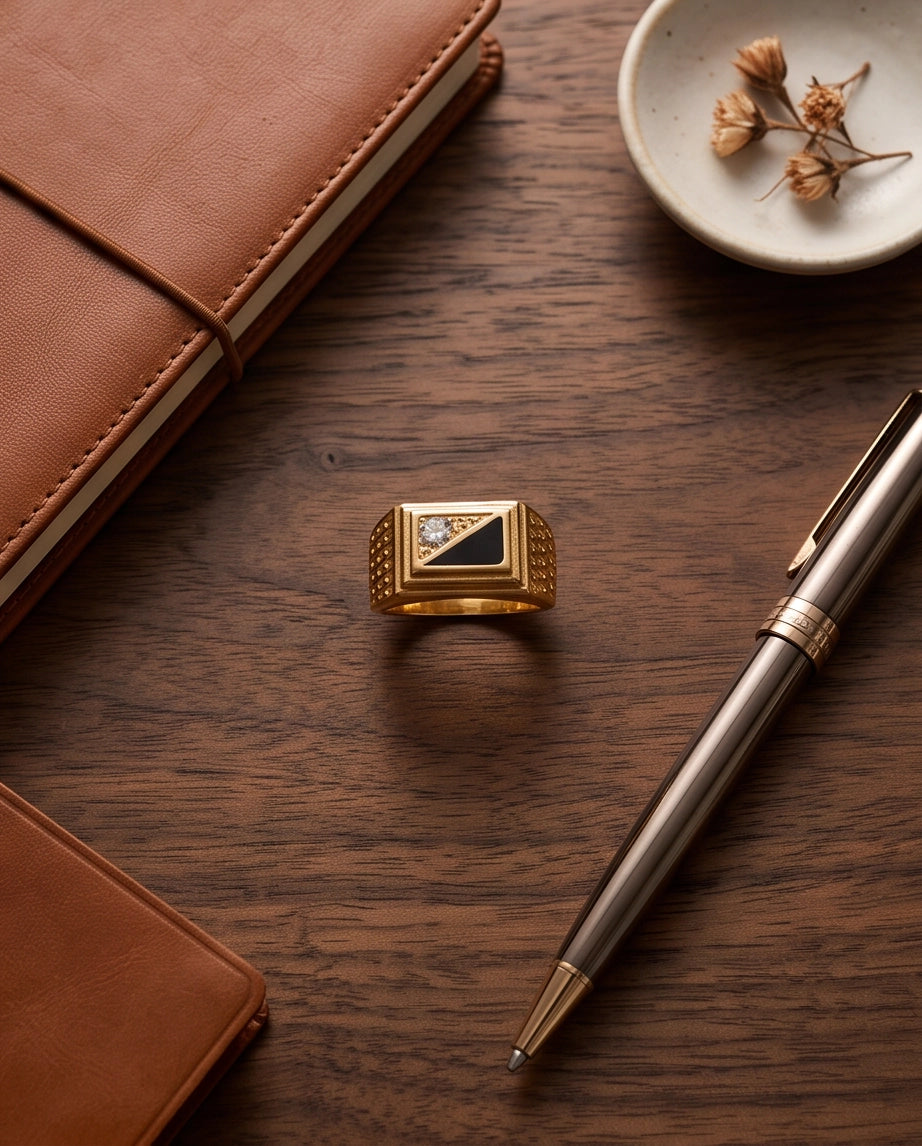 Split-Face Onyx & Clear Stone Diamond-Mesh Gold Ring