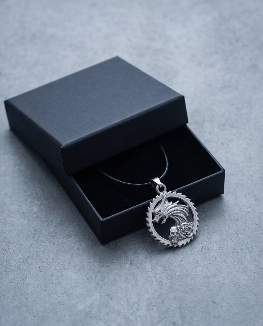 Silver Wolf and Skull Medallion Cord Necklace