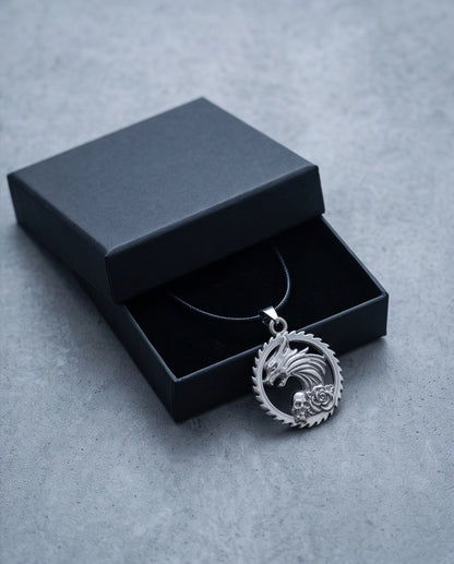Silver Wolf and Skull Medallion Cord Necklace