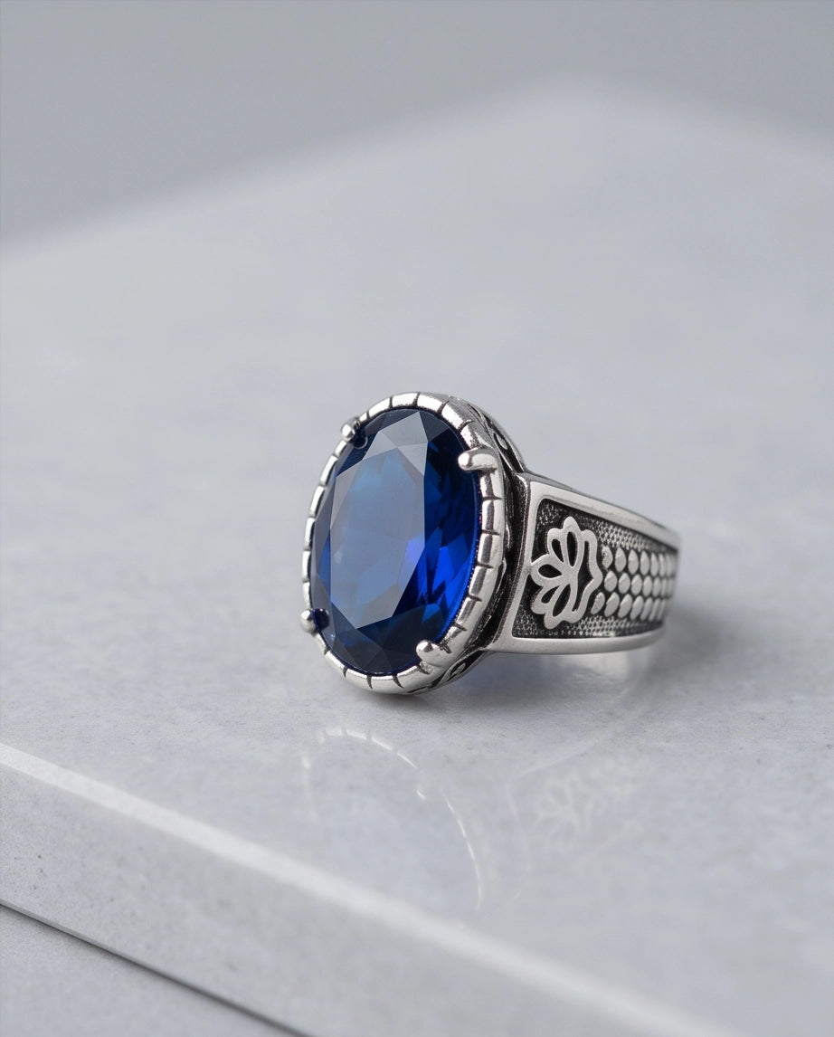 Sapphire Gemstone Notched Bezel Floral Scale Silver Ring