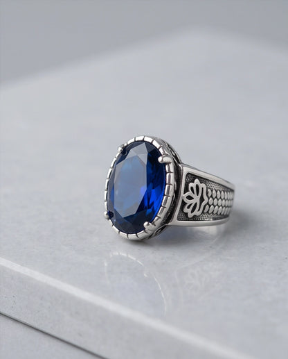 Sapphire Gemstone Notched Bezel Floral Scale Silver Ring