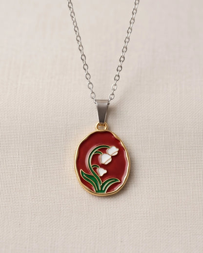 Gold Red Lily of the Valley Enamel Medallion Chain Necklace