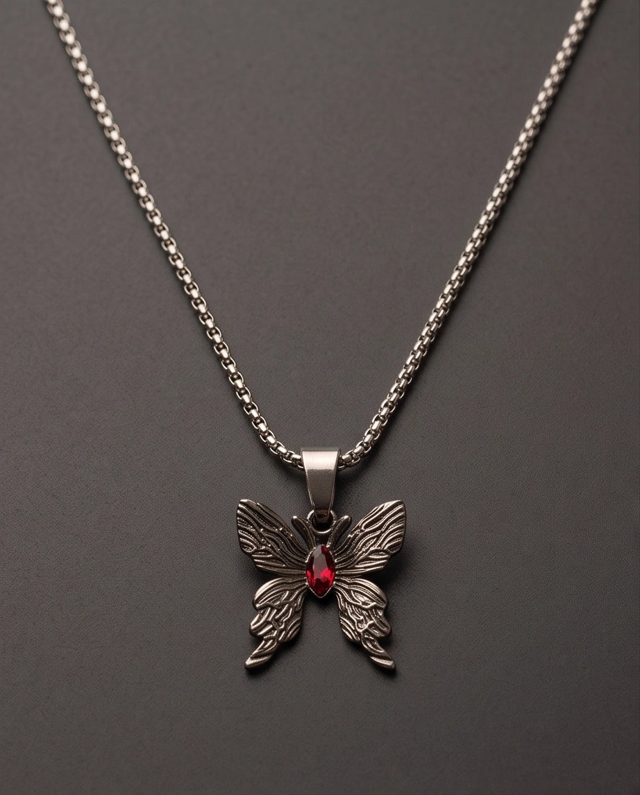 Black Textured Butterfly Red Gem Pendant Necklace