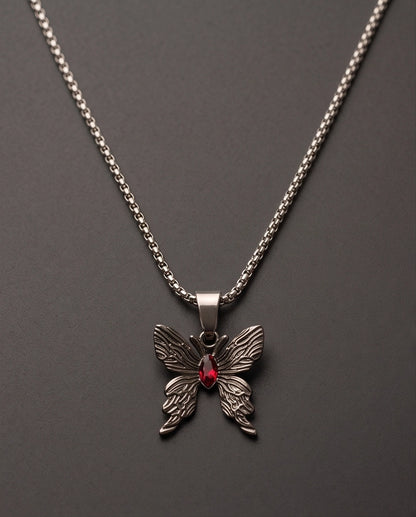 Black Textured Butterfly Red Gem Pendant Necklace