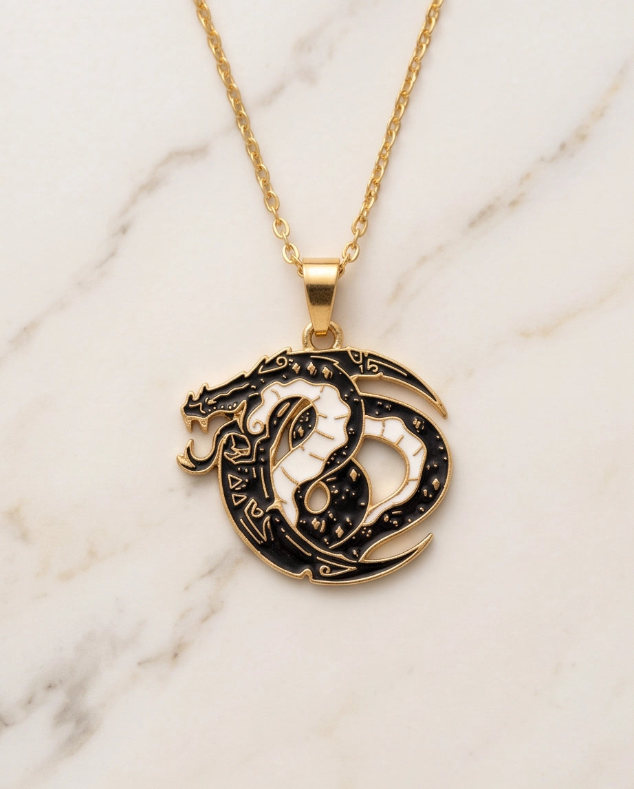 Gold Coiled Dragon Black & White Enamel Pendant Necklace