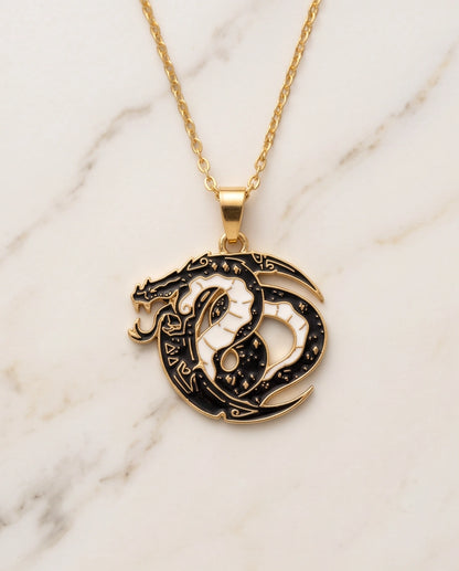 Gold Coiled Dragon Black & White Enamel Pendant Necklace