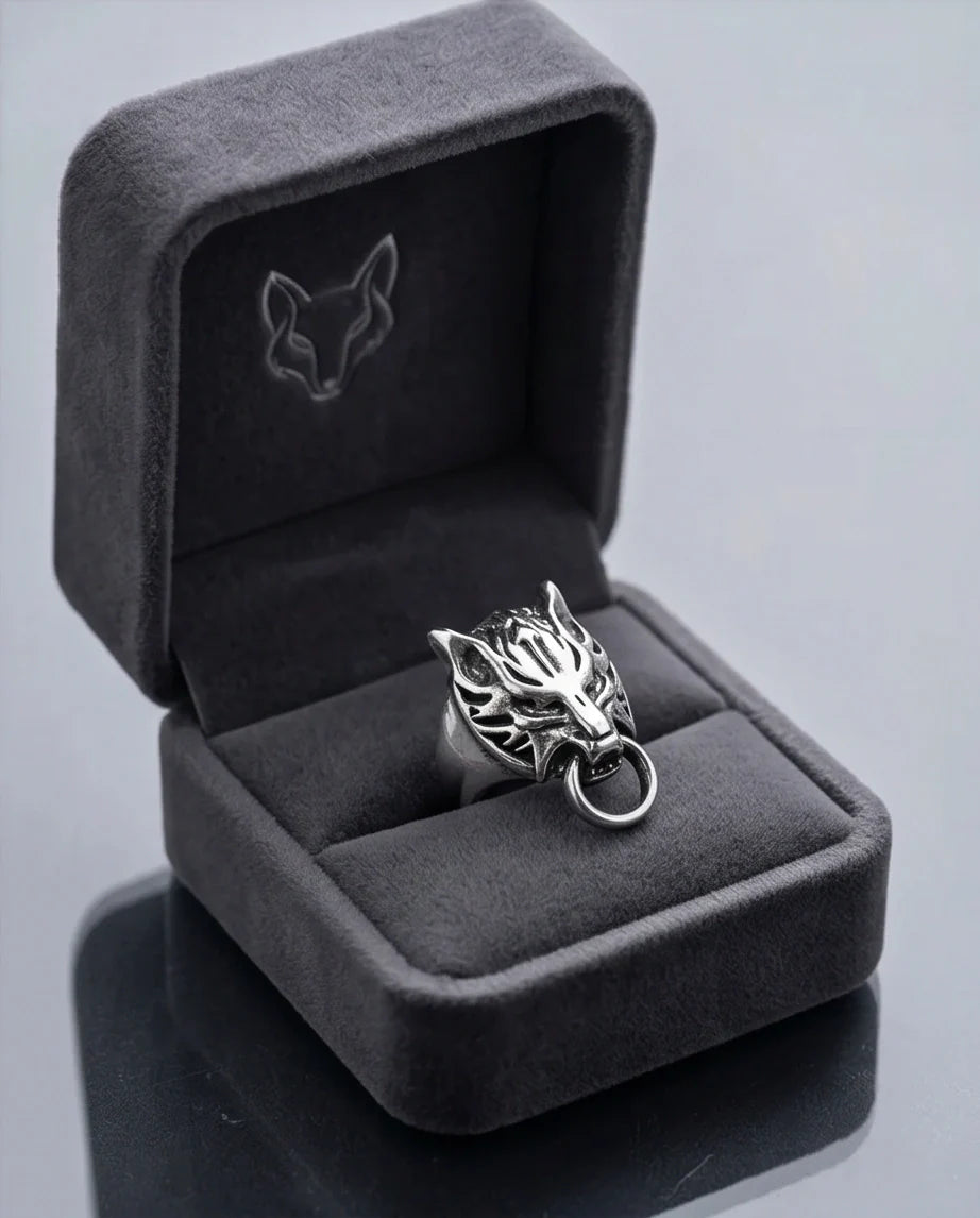 Vintage Silver Oxidized Viking Wolf Door Knocker Ring