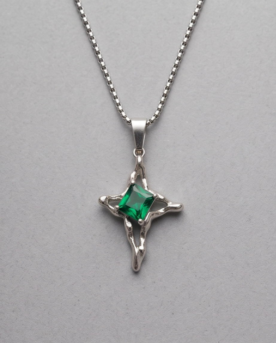 Silver Emerald Gemstone Gothic Cross Pendant Necklace