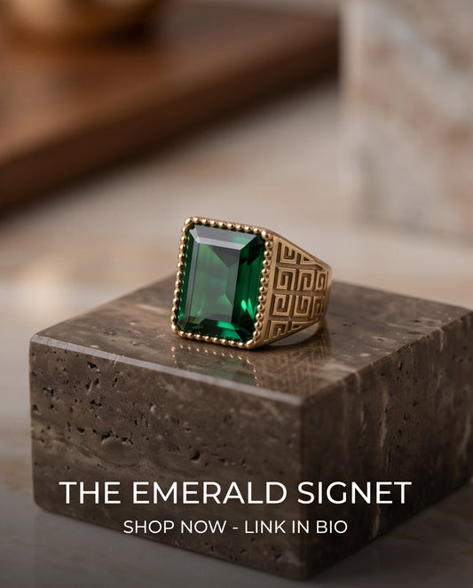 Emerald Cut Beaded-Rim Greek Key Gold Ring