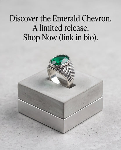 Emerald Gemstone Notched Bezel Chevron Ribbed Silver Ring