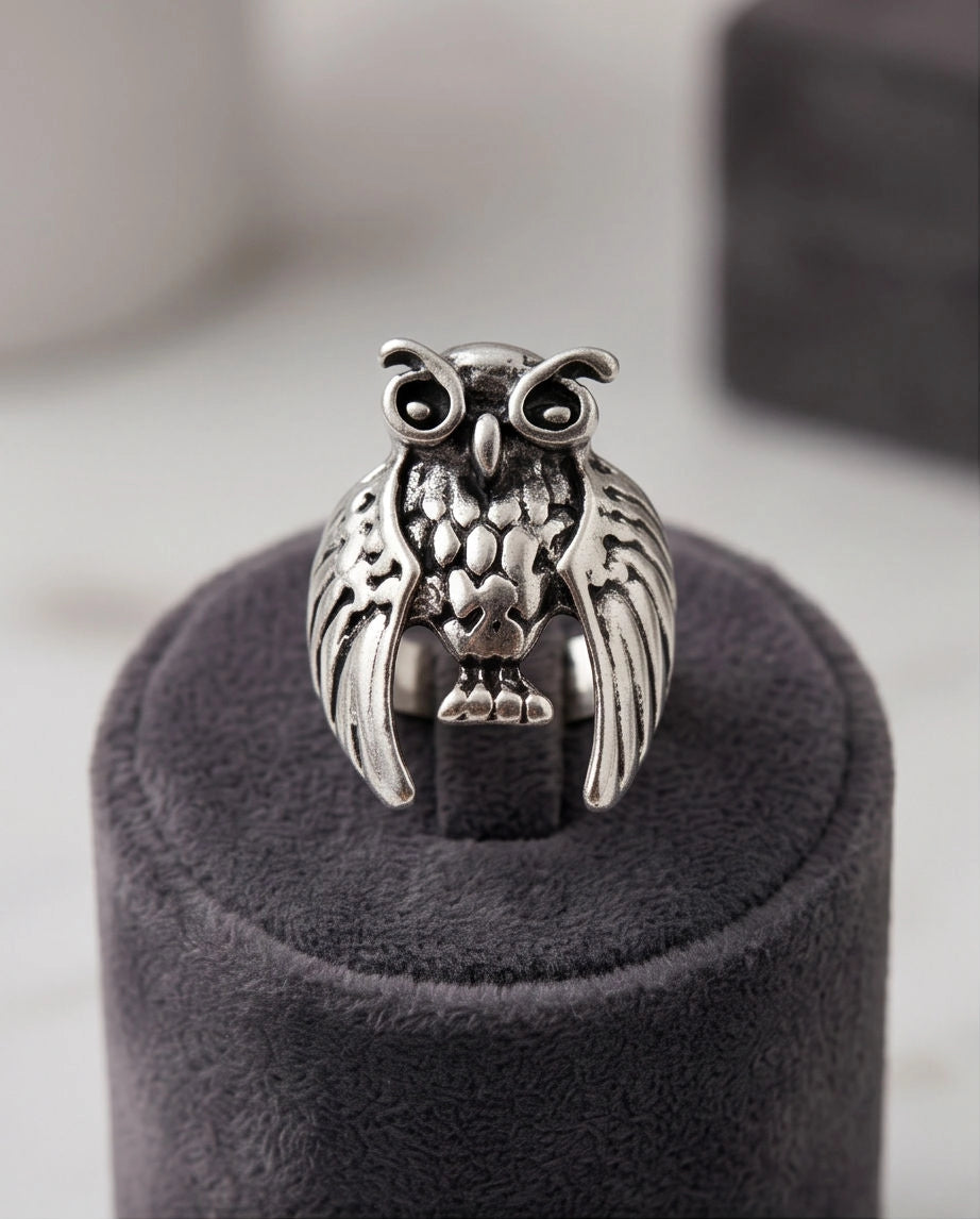 Oxidized Silver Sculpted Owl Statement Ring