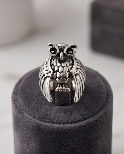 Oxidized Silver Sculpted Owl Statement Ring