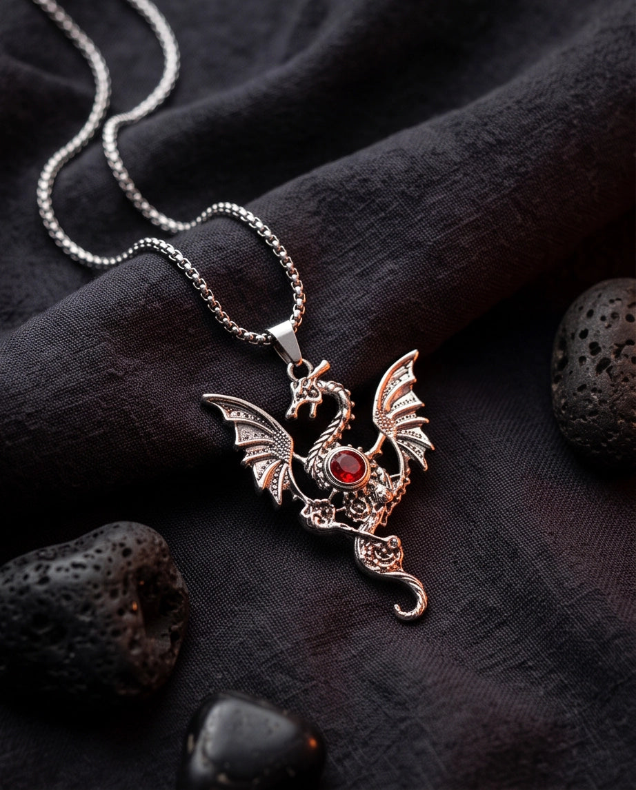 Silver Red Gemstone Dragon Pendant Necklace