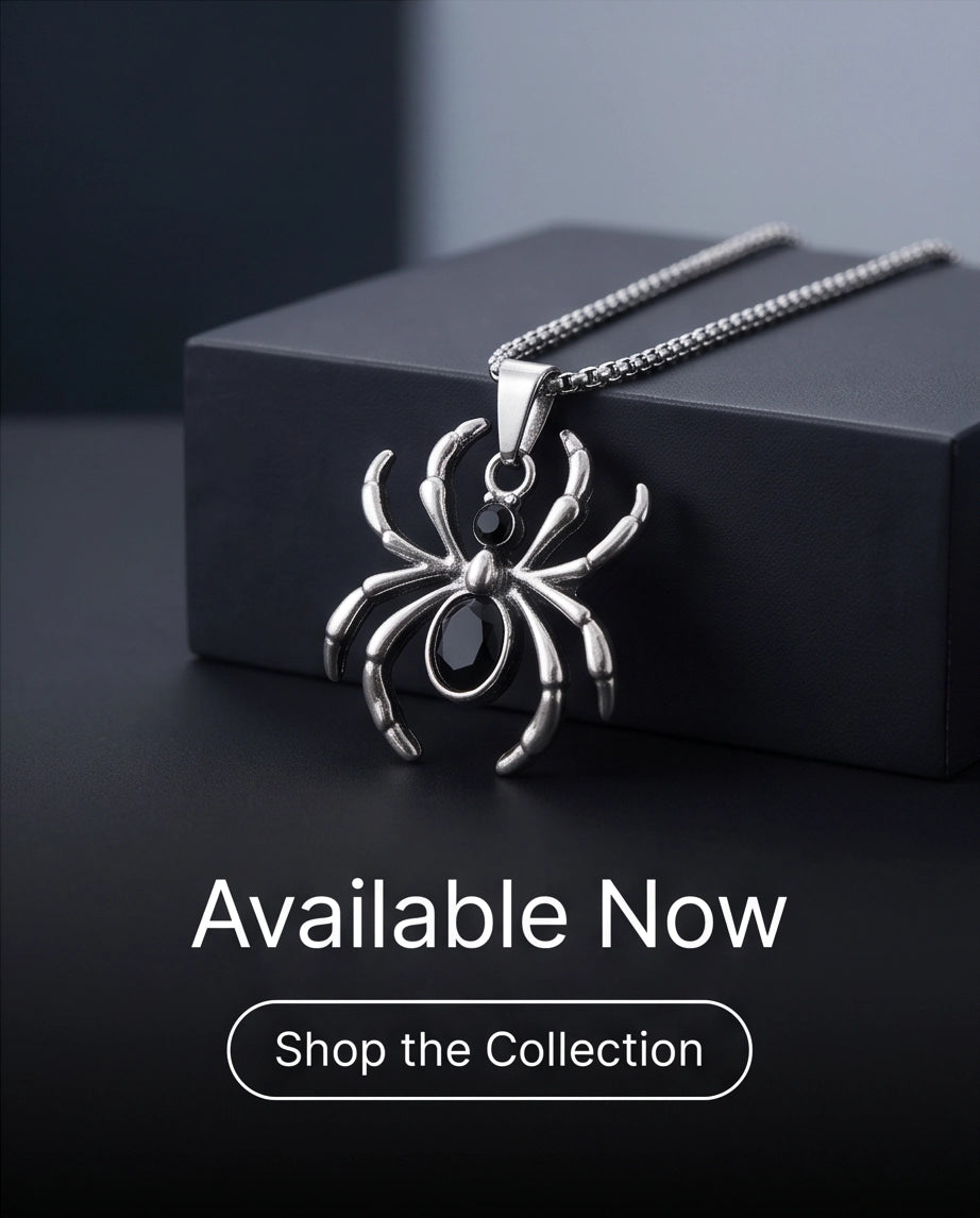 Silver Black Gemstone Spider Pendant Necklace