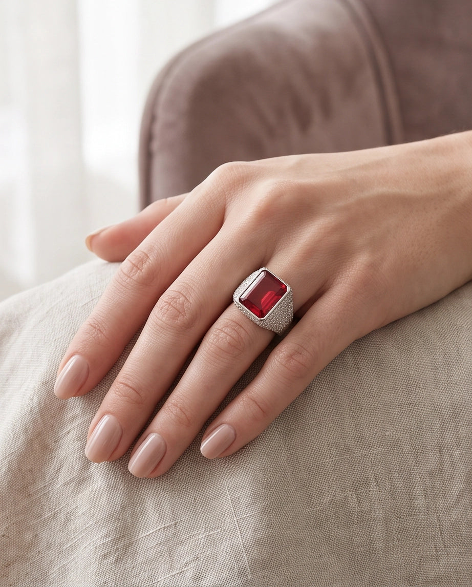 Ruby Red Emerald-Cut Gemstone Stippled Halo Silver Ring