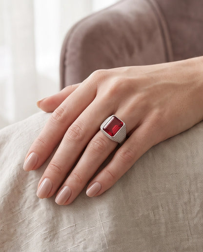 Ruby Red Emerald-Cut Gemstone Stippled Halo Silver Ring