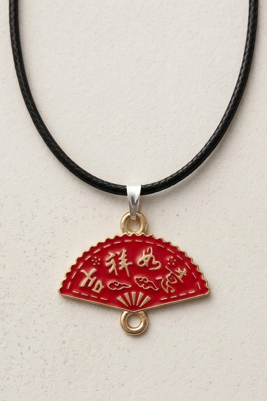 Traditional Red Folding Fan "Ji Xiang Ru Yi" Pendant Necklace