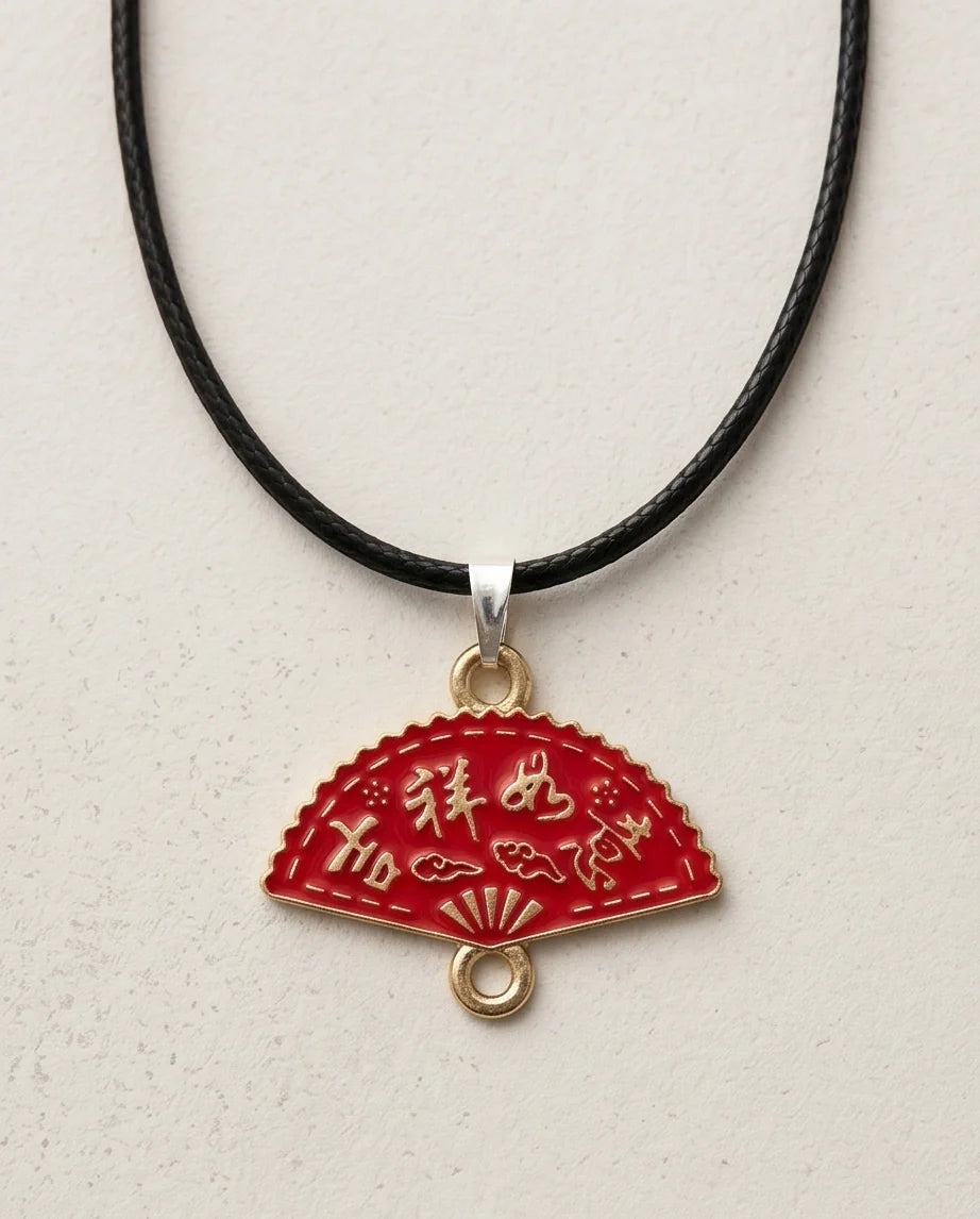 Traditional Red Folding Fan "Ji Xiang Ru Yi" Pendant Necklace