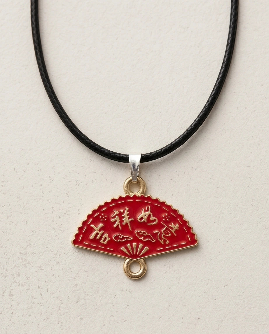Traditional Red Folding Fan "Ji Xiang Ru Yi" Pendant Necklace