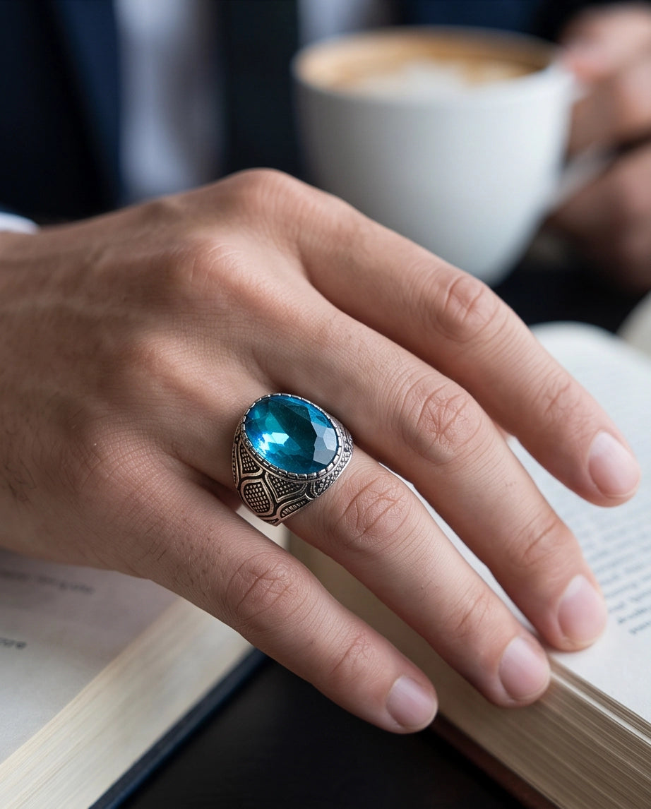Aquamarine Gemstone Beaded Bezel Lattice Silver Ring