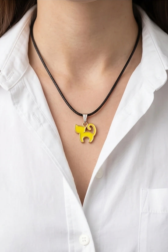 Playful Yellow Cat Enamel Pendant Necklace