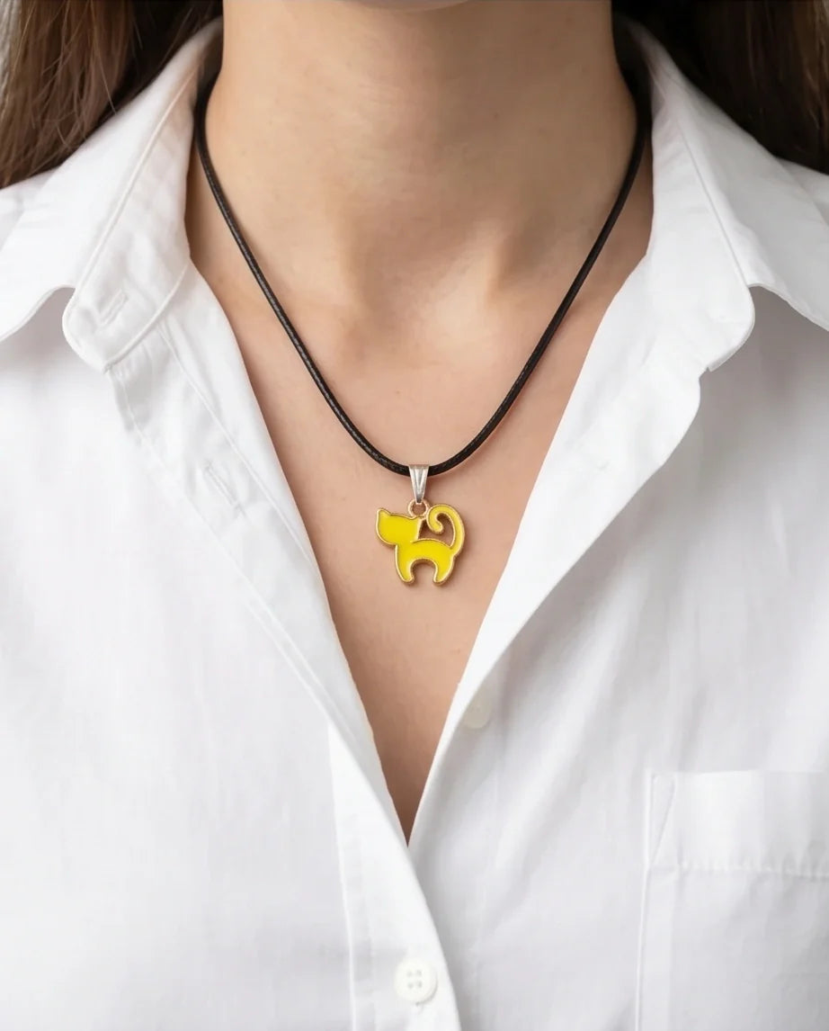 Playful Yellow Cat Enamel Pendant Necklace