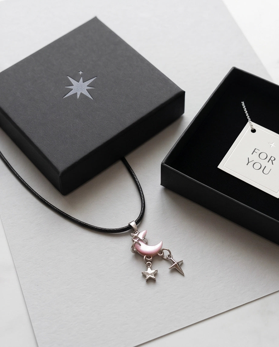 Celestial Pink Moon & Dangle Stars Necklace