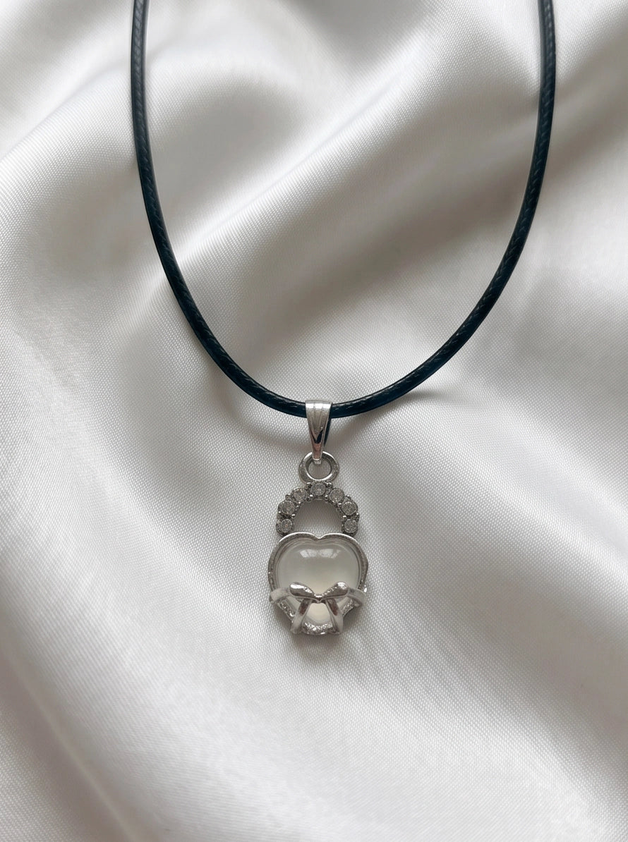 White Moonstone Heart Bow Lock Pendant Necklace
