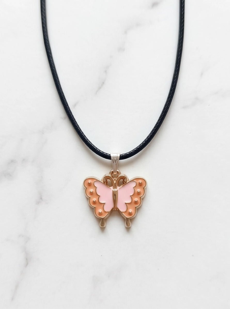 Pink & Peach Enamel Butterfly Pendant Necklace