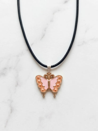 Pink & Peach Enamel Butterfly Pendant Necklace
