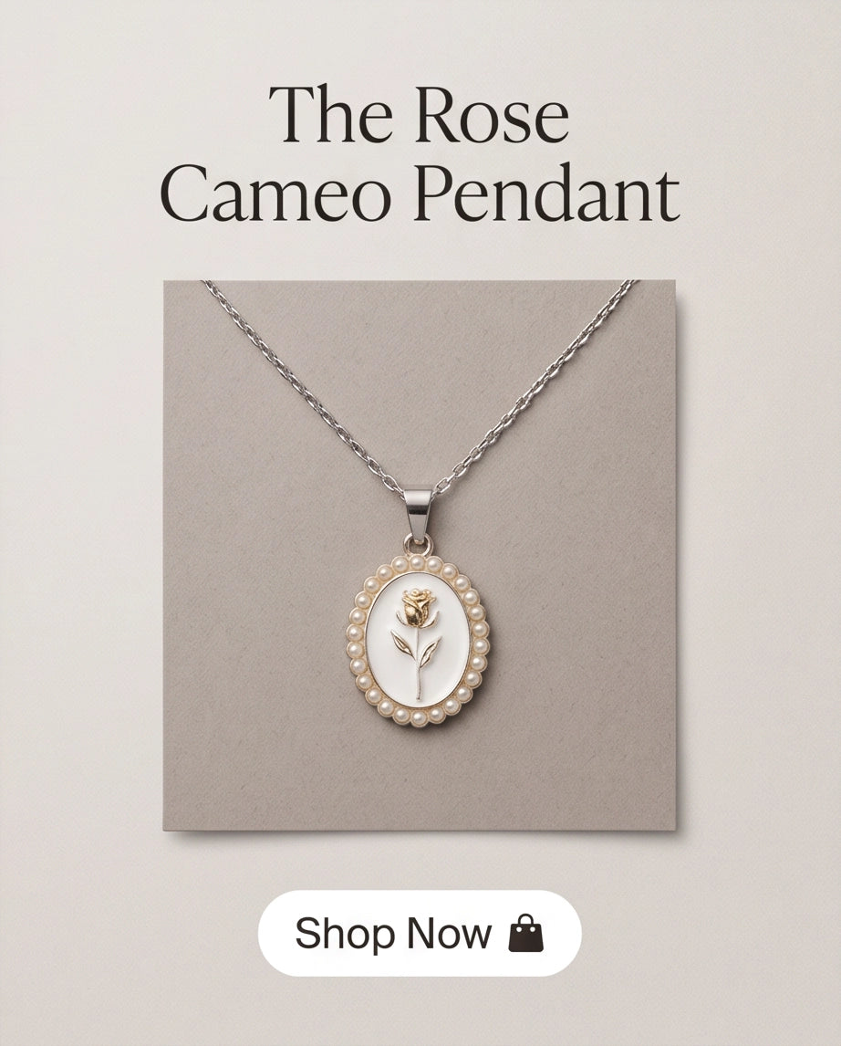 Gold Pearl Frame White Enamel Rose Oval Pendant Necklace