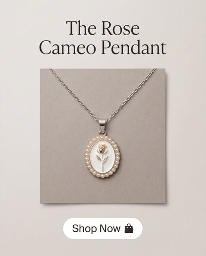 Gold Pearl Frame White Enamel Rose Oval Pendant Necklace
