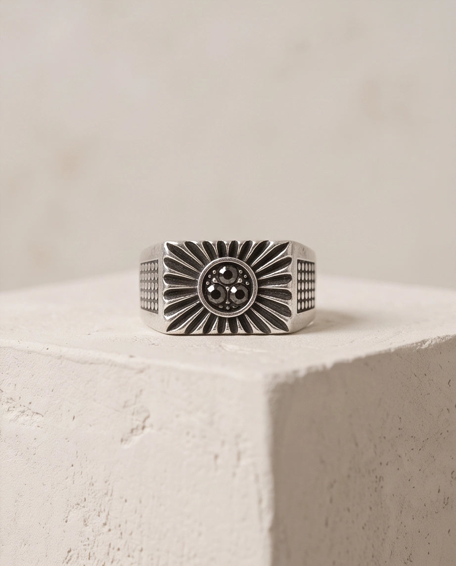 Celestial Sunburst Dark-Triple-Crystal Stippled Band Silver Ring