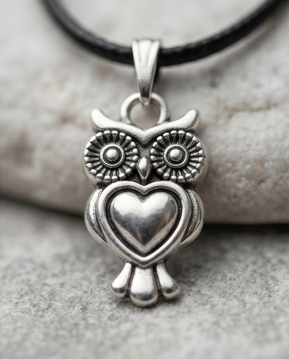 Silver Retro Heart Owl Necklace