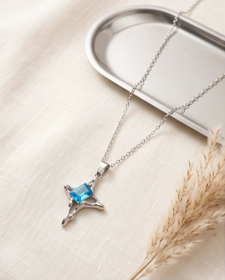 Silver Blue Gemstone Gothic Cross Pendant Necklace