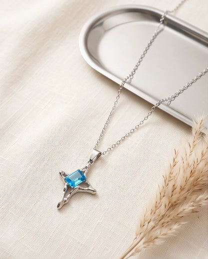 Silver Blue Gemstone Gothic Cross Pendant Necklace