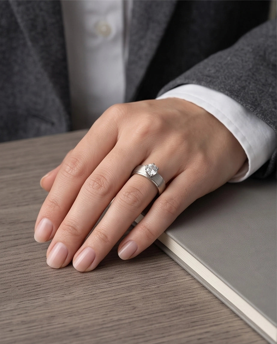 Silver Round Gemstone Brushed Solitaire Ring