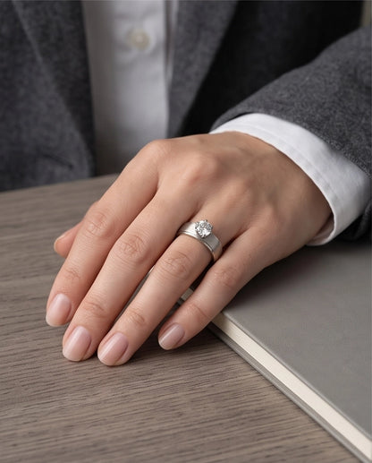 Silver Round Gemstone Brushed Solitaire Ring