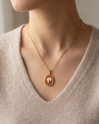 Gold Peach White Flower Enamel Medallion Chain Necklace