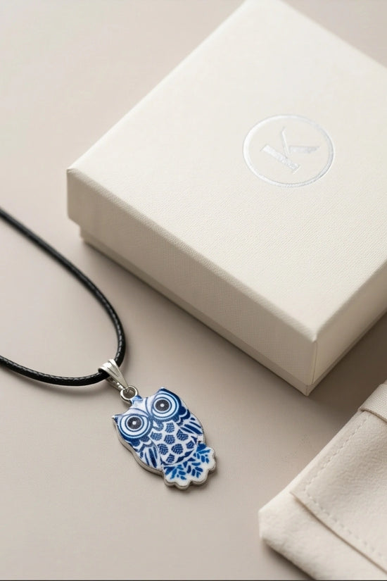 Artistic Blue Porcelain Owl Totem Pendant Necklace