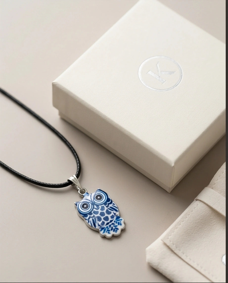 Artistic Blue Porcelain Owl Totem Pendant Necklace