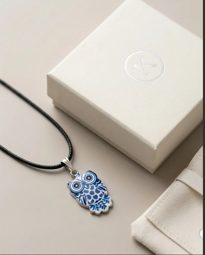 Artistic Blue Porcelain Owl Totem Pendant Necklace