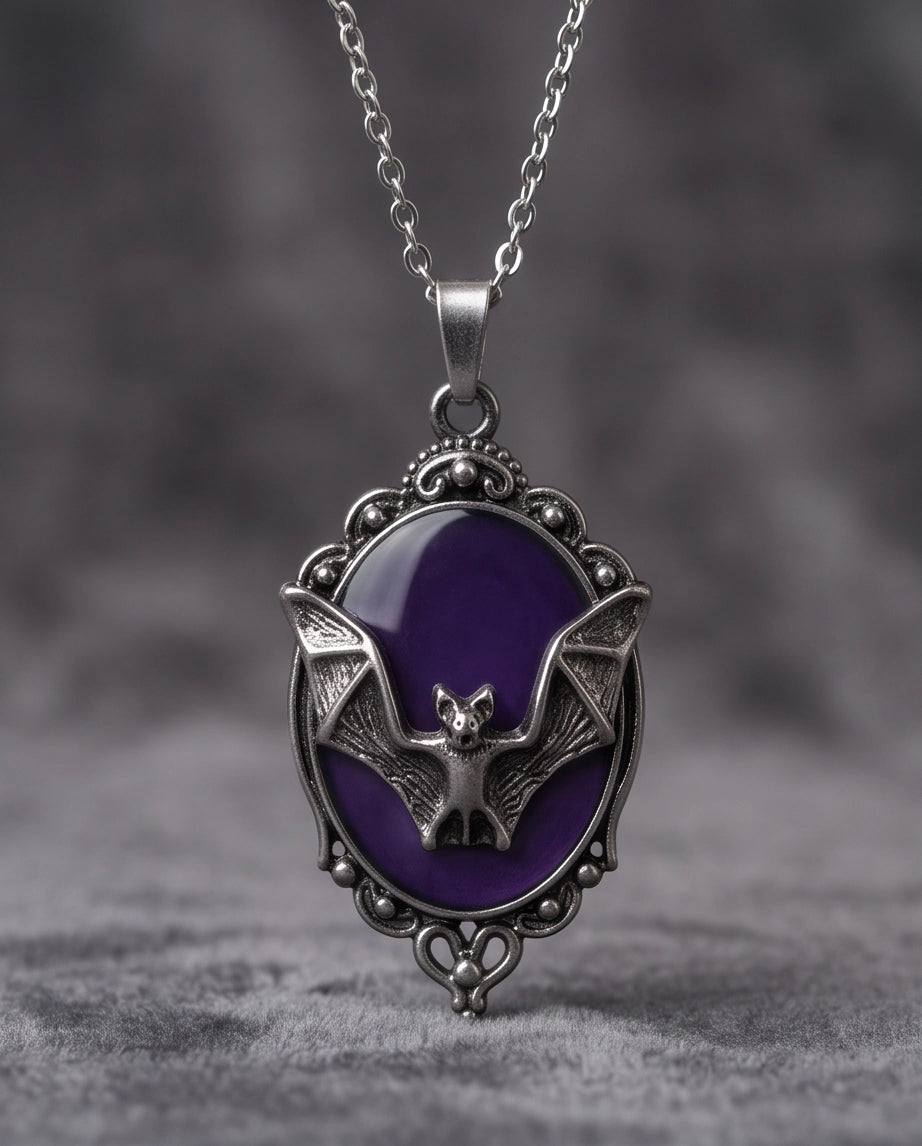 Antique Silver Gothic Bat Purple Enamel Medallion Chain Necklace
