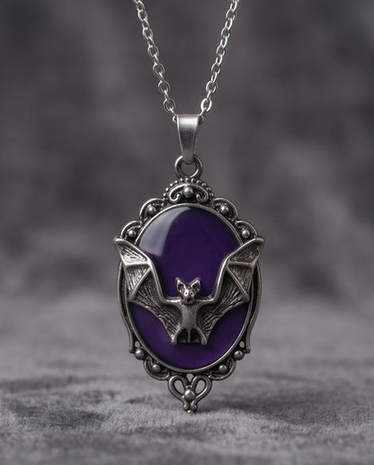 Antique Silver Gothic Bat Purple Enamel Medallion Chain Necklace