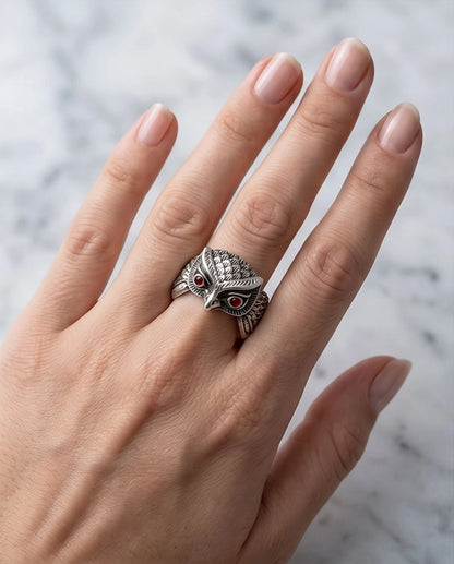 Ruby-Eyed Sculpted Owl Wing Ring