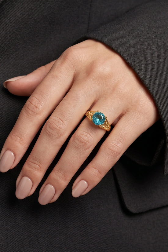 Golden Aquamarine Azure Filigree Ring