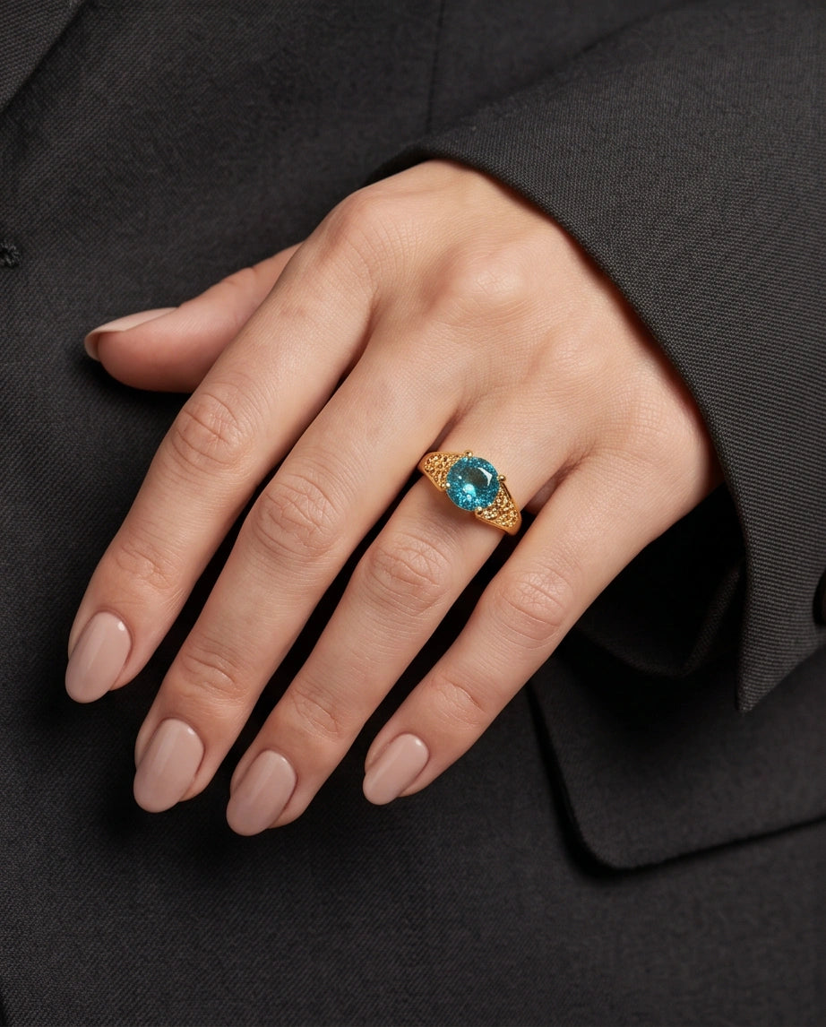 Golden Aquamarine Azure Filigree Ring