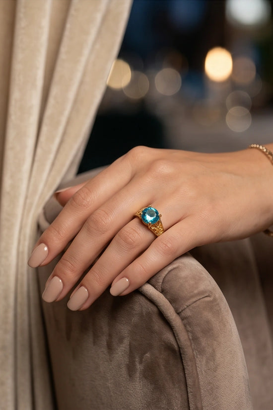 Golden Aquamarine Azure Filigree Ring