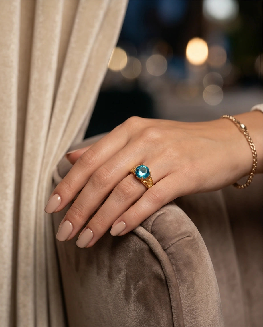 Golden Aquamarine Azure Filigree Ring