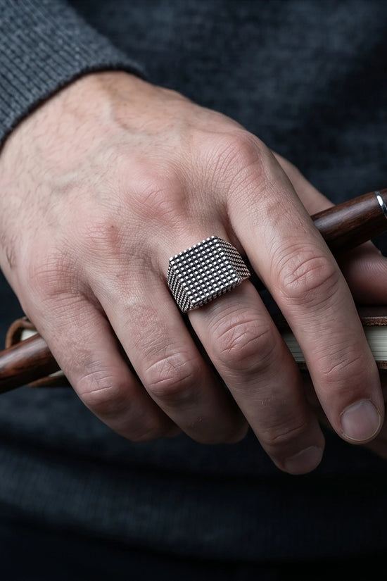 Vintage Sterling Silver Industrial Micro-Beaded Signet Ring
